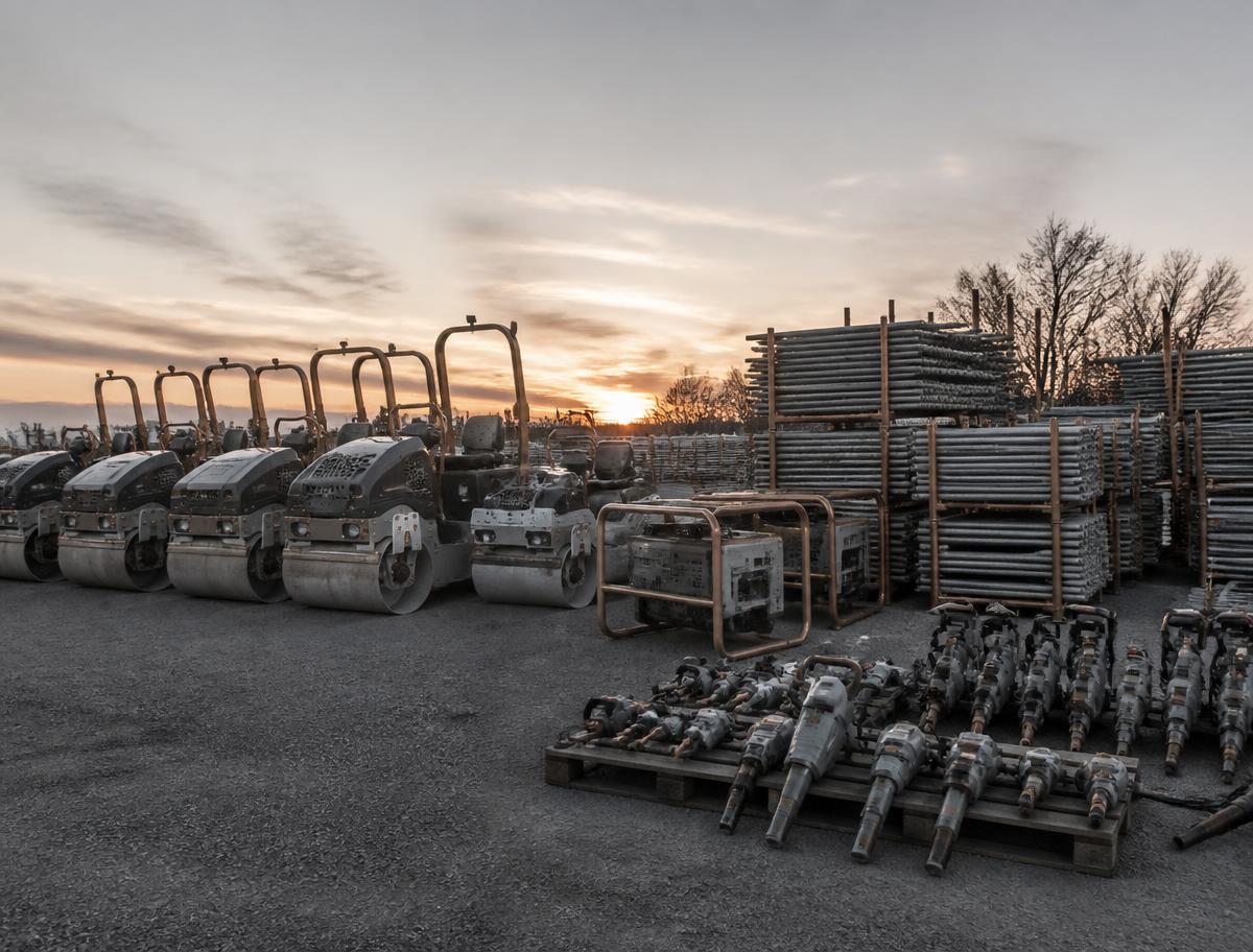 Equipamentos de obra organizados em pátio ao amanhecer